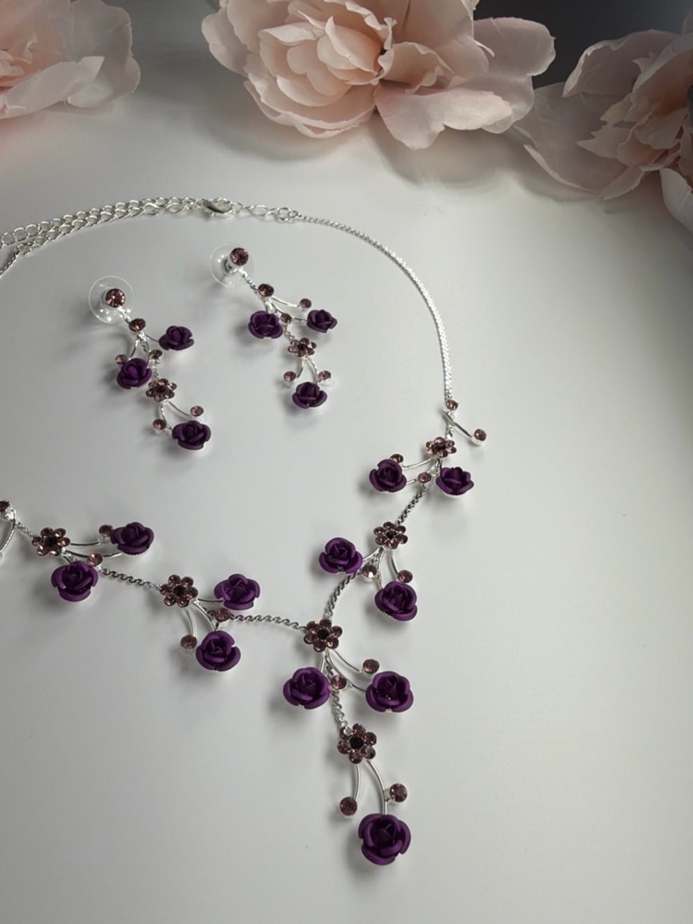Purple Floral Vine Necklace and Earrings Set - Women Jewelry